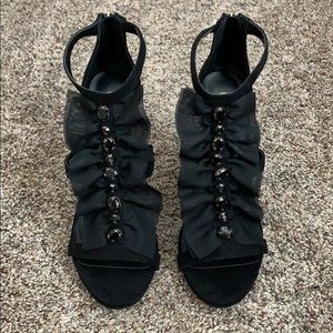 Bebe Gladyssa Black Chiffon Heels, sz 10